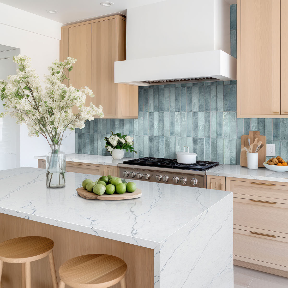Oceano 2x10 backsplash in a kitchen