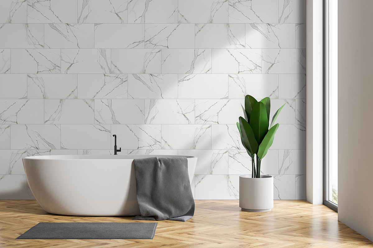 Dymo Statuary 12x24 Glossy Large Format Tile backsplash installed — view 4