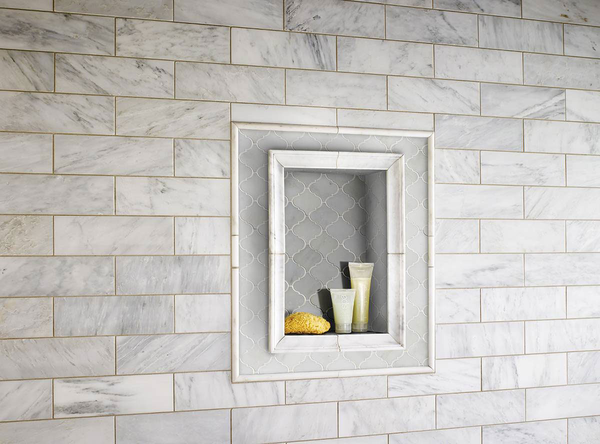 Greecian White Arabesque Tile backsplash installed