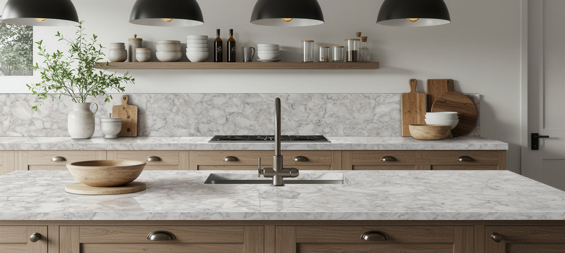 Bright white quartz kitchen countertops and island
