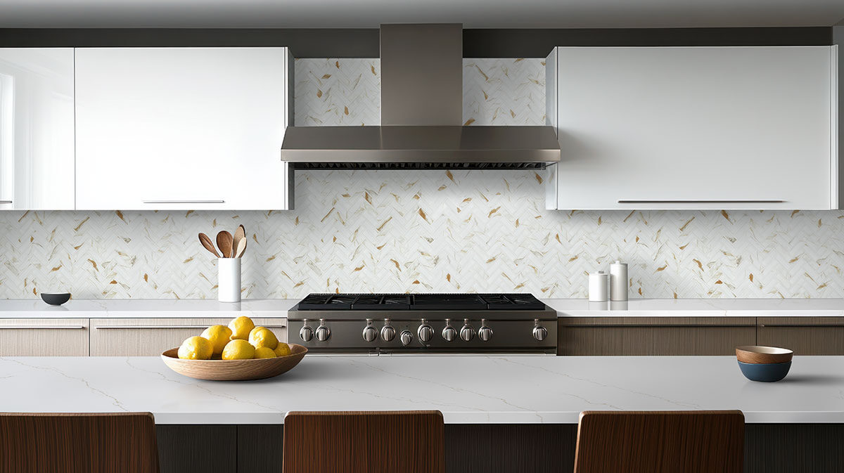 Calacatta Gold Matte 1x3 Herringbone backsplash in a kitchen