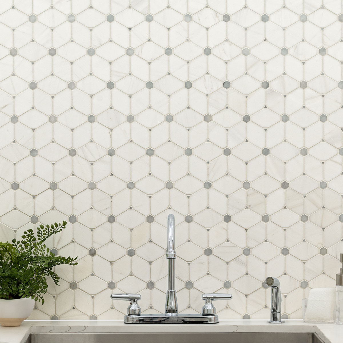 Cecily Grigio Polished Marble Tile backsplash installed — view 6
