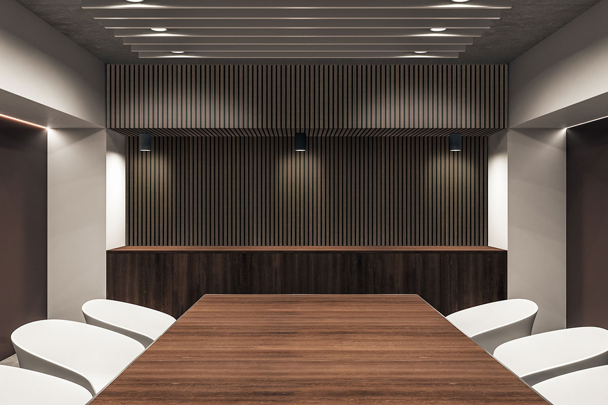 Espresso 24x48 Acoustic Wood Slat backsplash installed — view 2