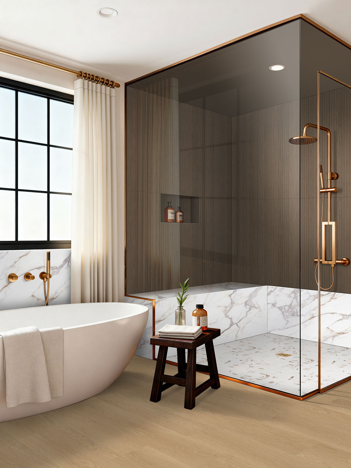 Crema backsplash in a bathroom