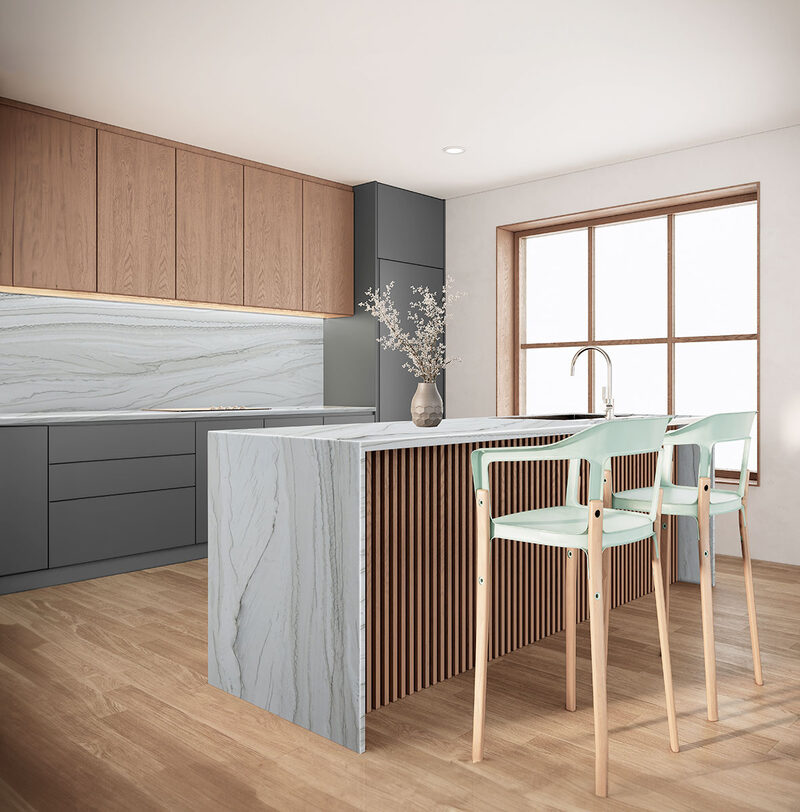 White Macaubas Quartzite countertop in a kitchen