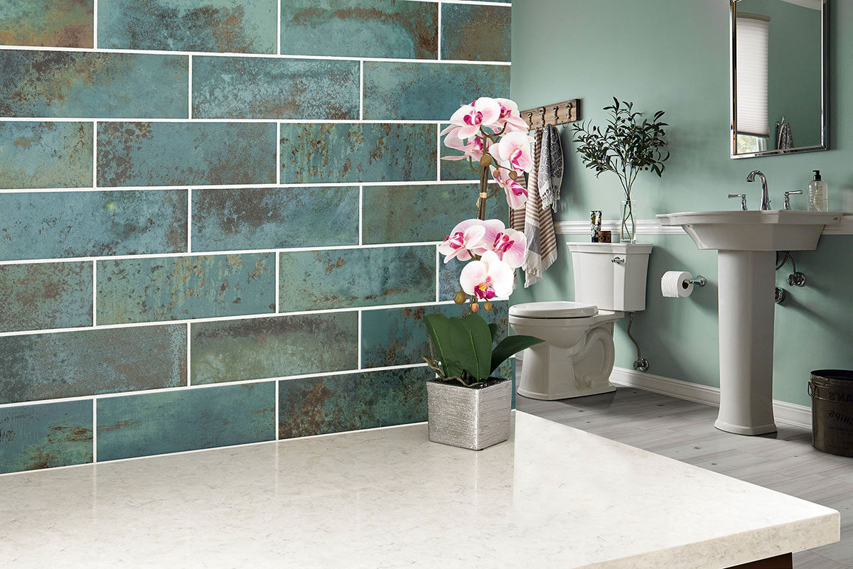 Marza Aqua Mosaic Tile backsplash installed — view 2