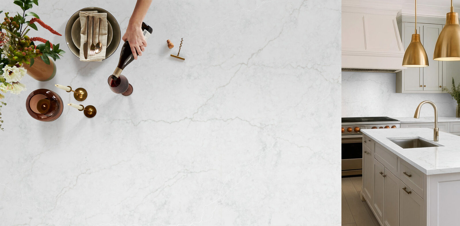 Calacatta Miraggio quartz with dramatic veining