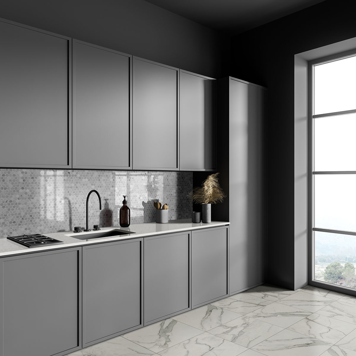 Carrara White Round Pattern Honed Tile backsplash installed — view 2