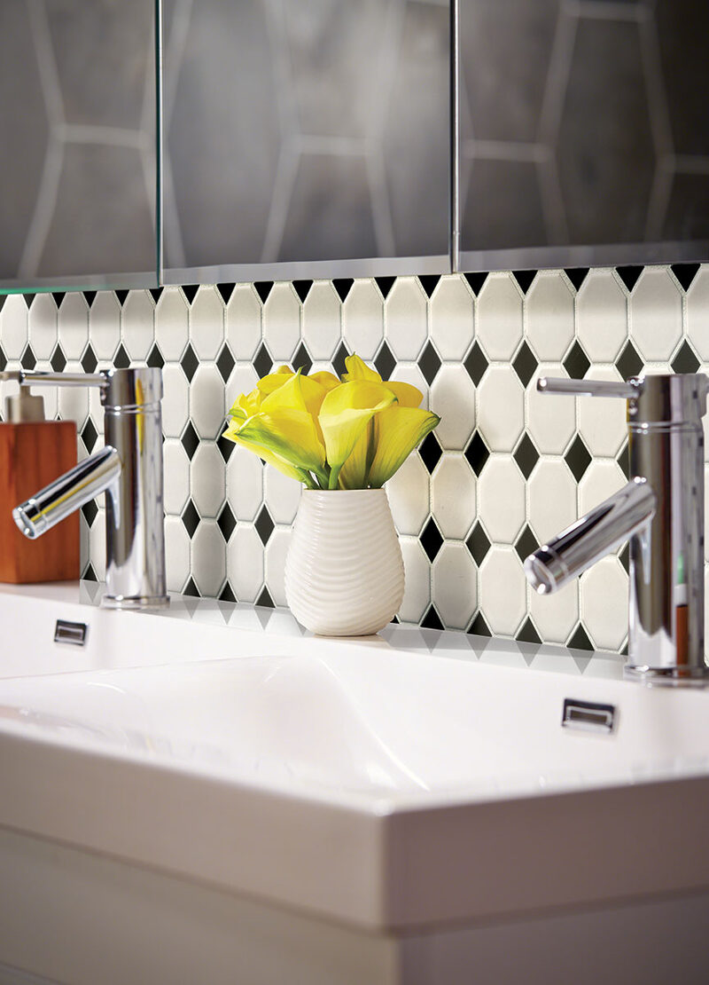 White And Black Matte Octagon backsplash installed — view 2