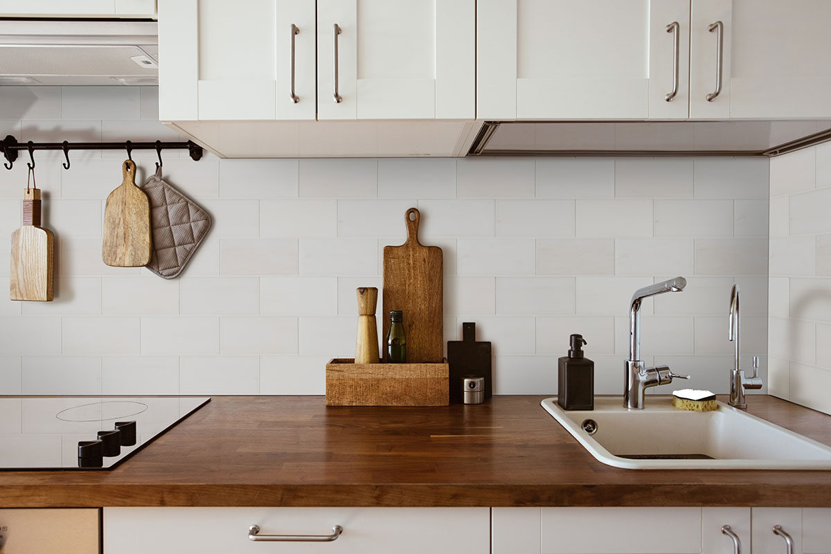 Bianco Dolomite Polished Subway Tile 3x6 backsplash installed — view 2
