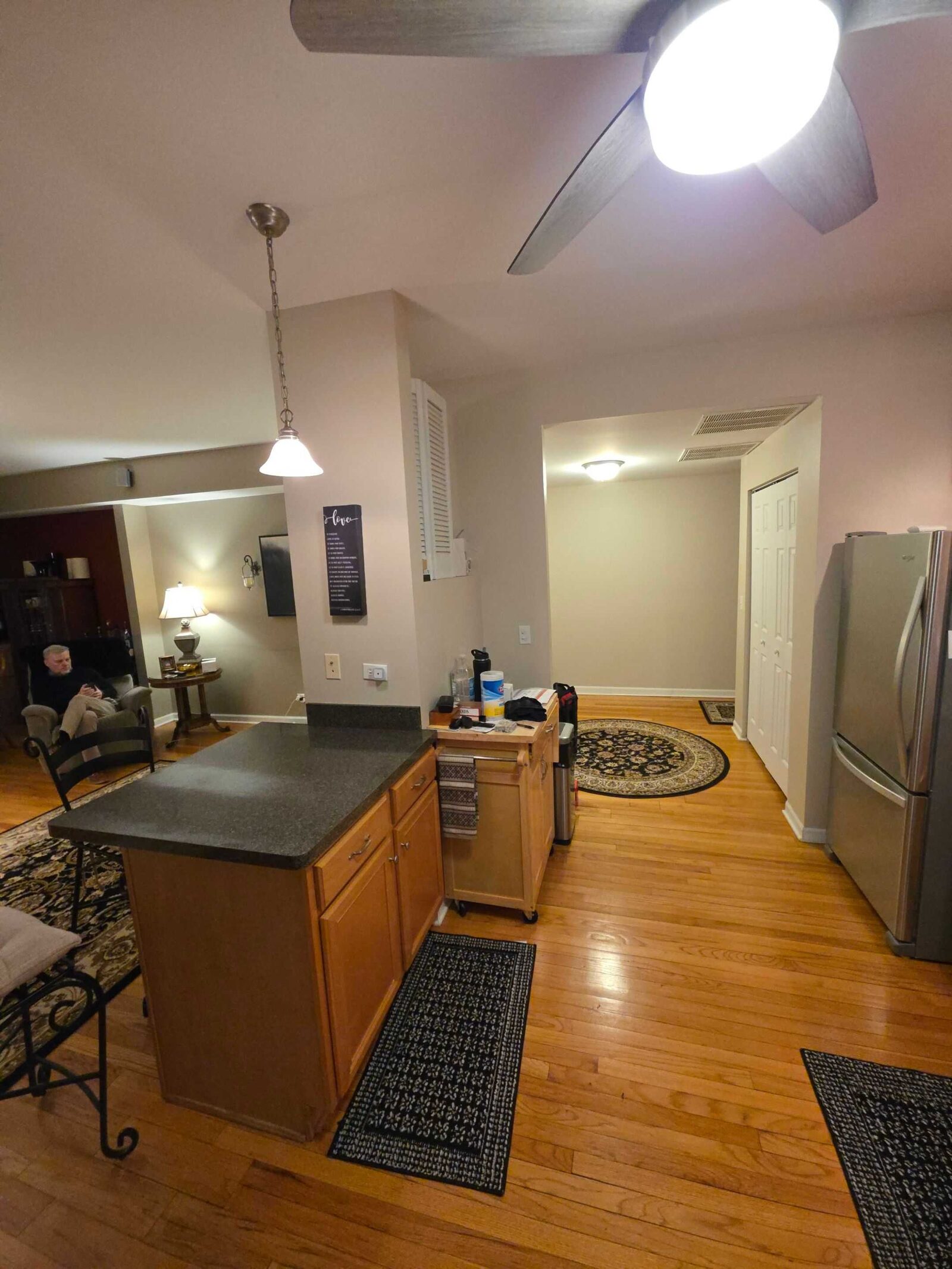 Before: the peninsula from the living room side, dark counter running toward the refrigerator
