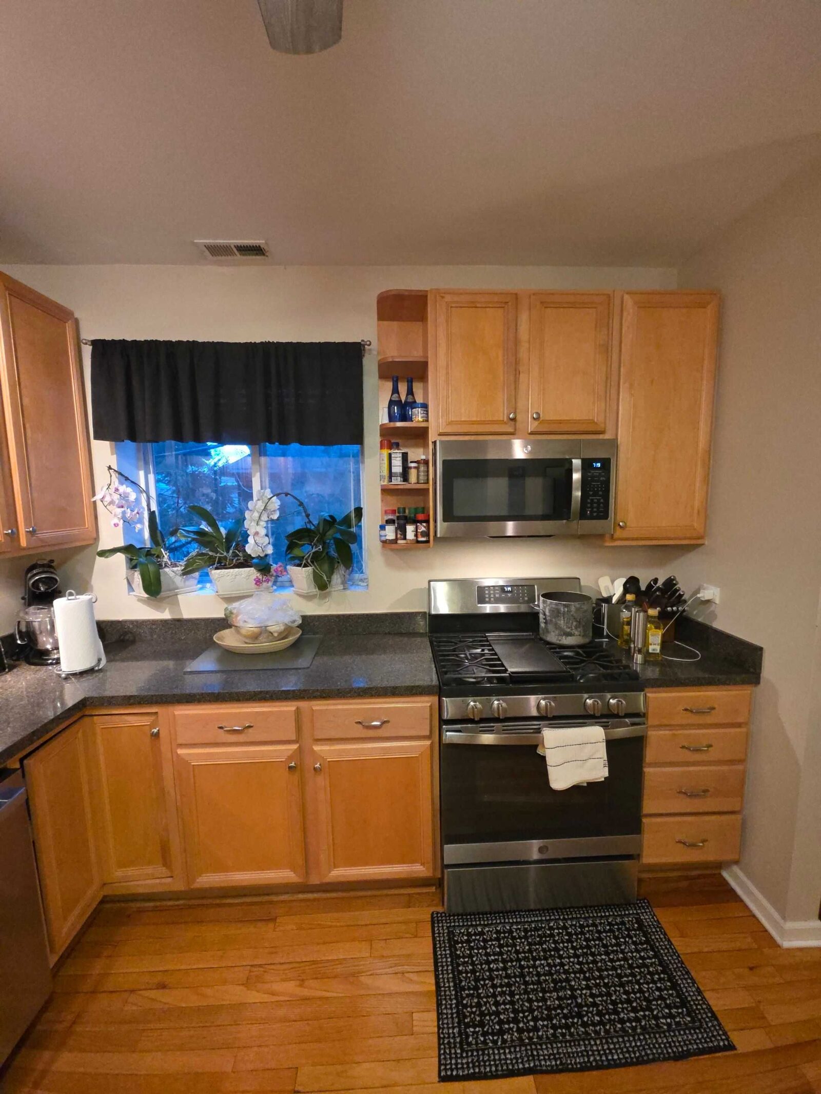 The same range wall before, with the old dark counter and plants on the windowsill