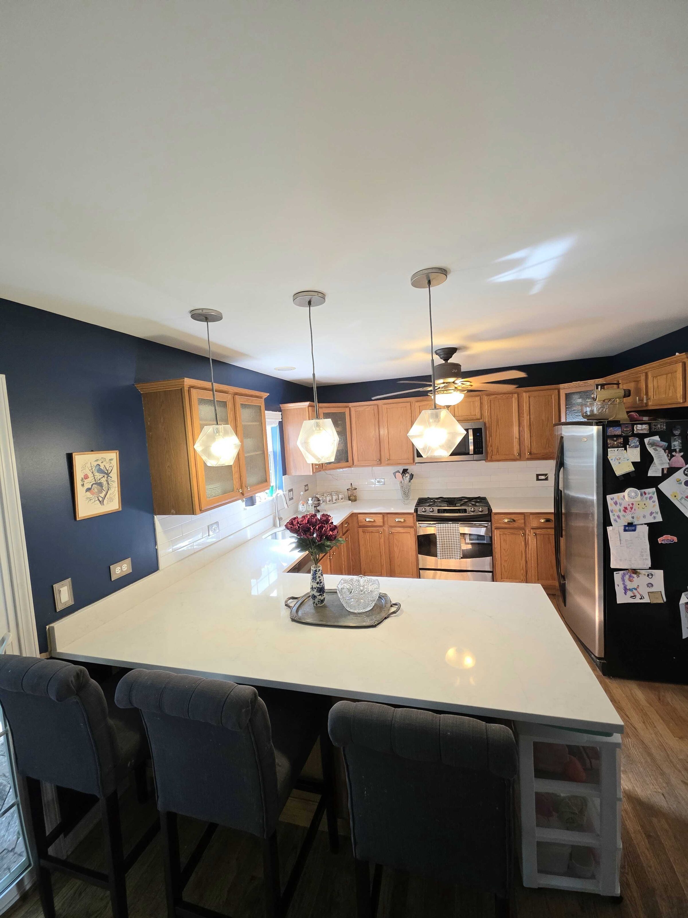 White quartz against navy walls