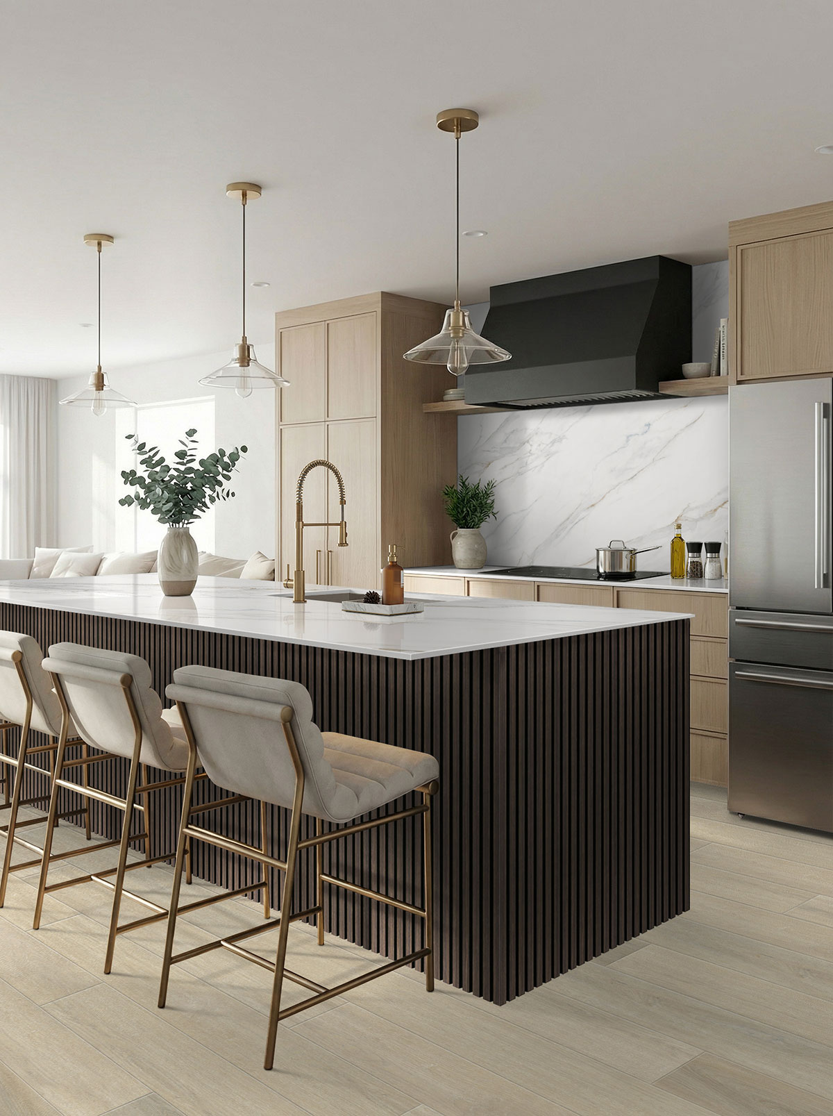 Espresso 24x48 Acoustic Wood Slat backsplash in a kitchen