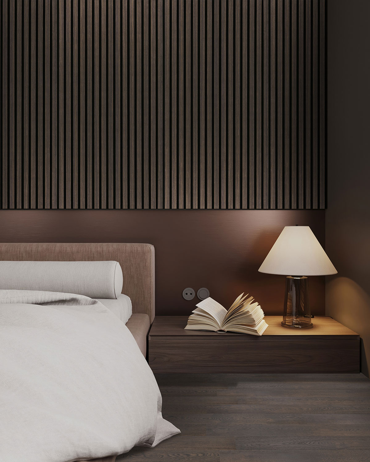 Espresso 24x48 Acoustic Wood Slat backsplash in a bedroom — view 2