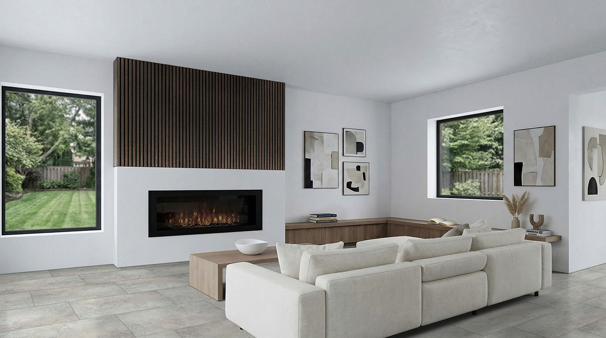 Espresso 24x48 Acoustic Wood Slat backsplash in a living room