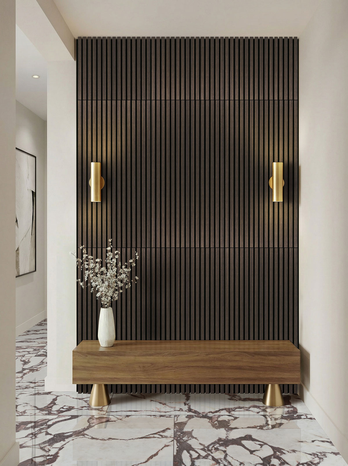 Espresso 24x48 Acoustic Wood Slat backsplash in a entryway