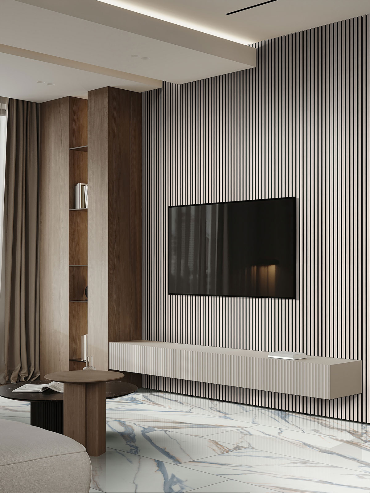 Fog Acoustic Wood Slat Panels backsplash in a living room