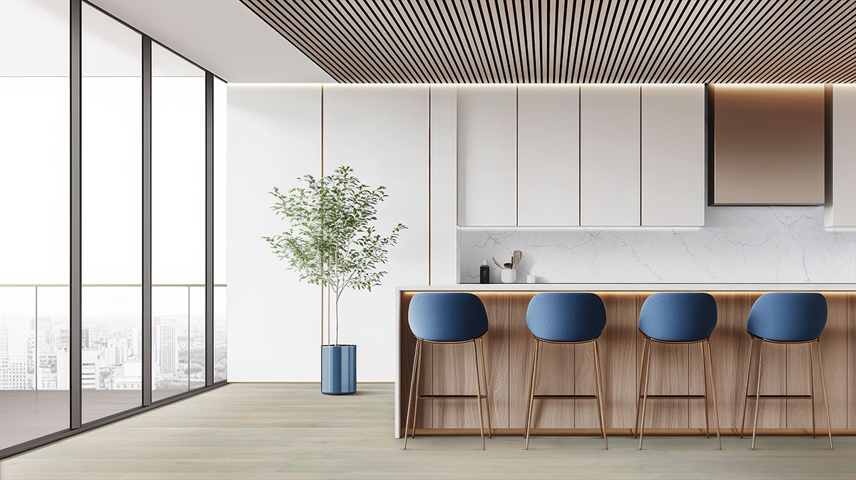 Fog Acoustic Wood Slat Panels backsplash in a kitchen