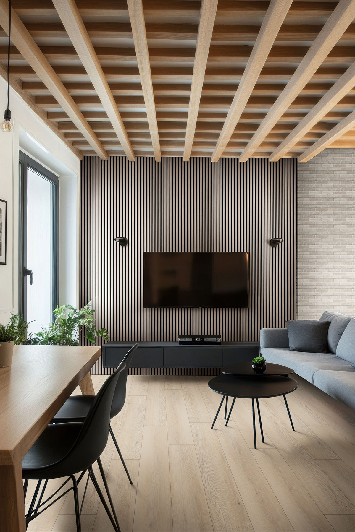 Fog Acoustic Wood Slat Panels backsplash in a living room — view 3