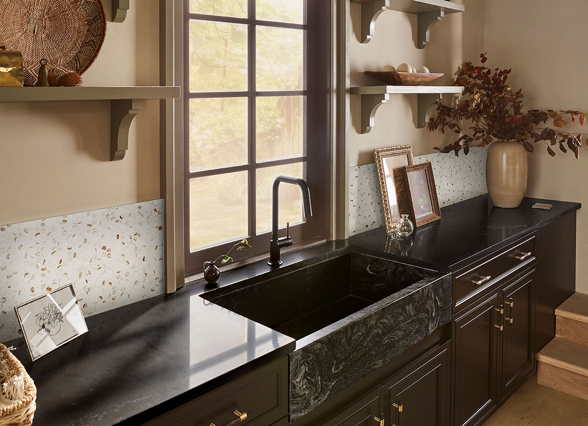 Calacatta Gold Matte Round Backsplash Tile backsplash installed — view 2