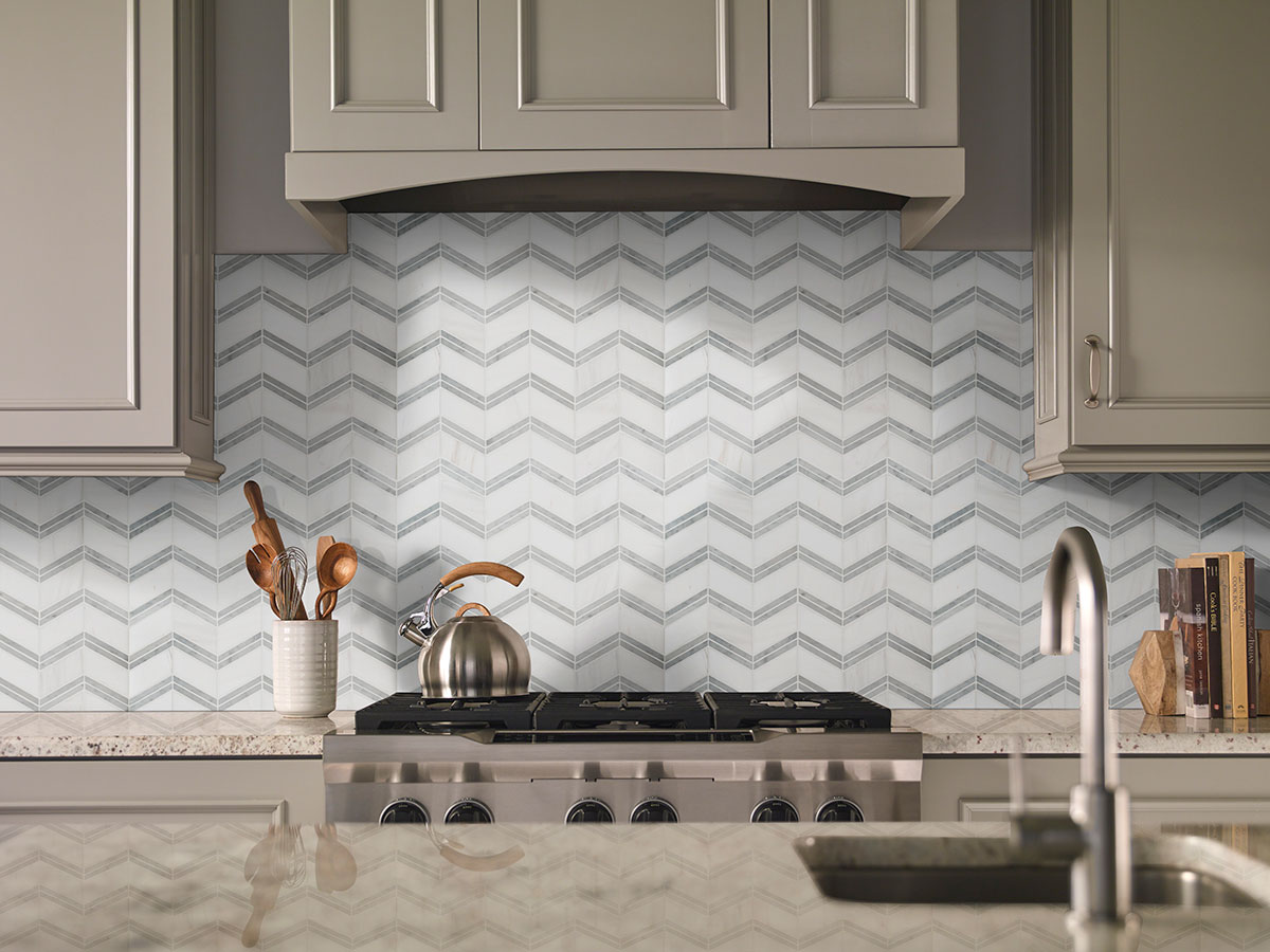 Bianco Dolomite Chevron Polished Marble Tile backsplash installed