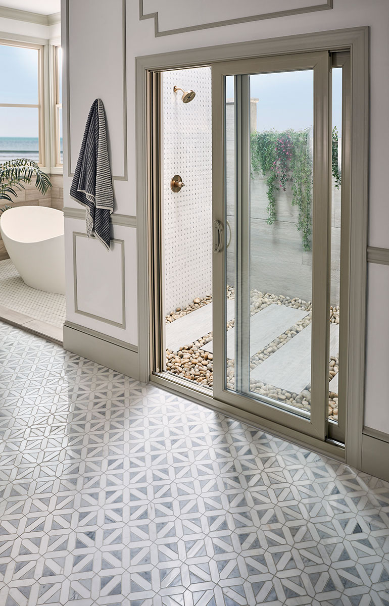 Bianco Dolomite Dotty Pattern Mosaic Tile backsplash installed