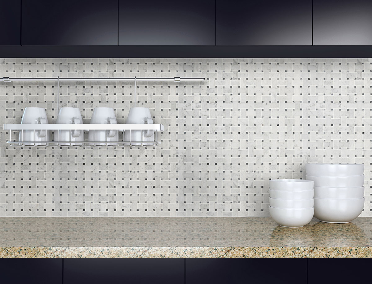 Carrara White Basketweave Pattern Honed Tile backsplash installed
