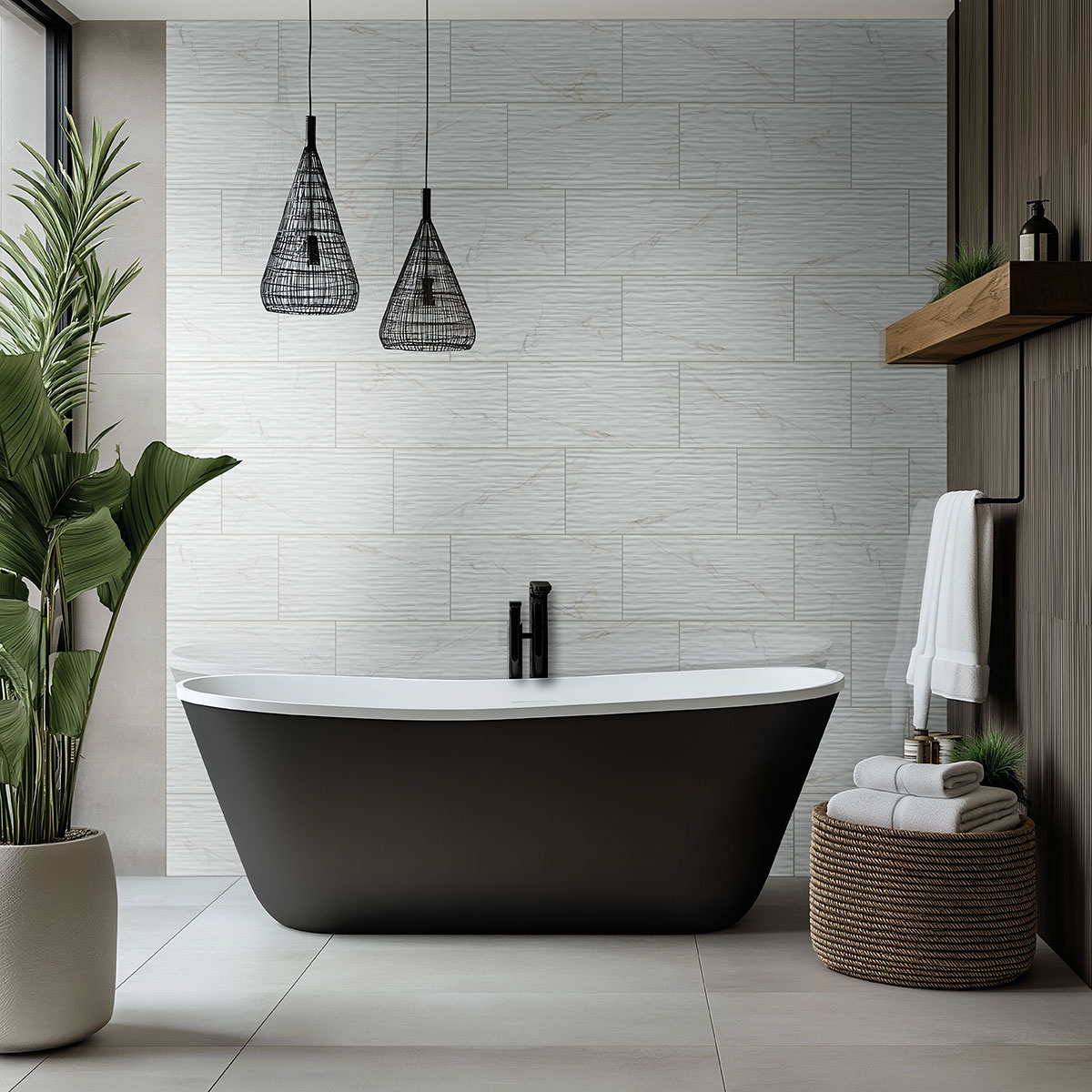 Dymo Calacatta Stripe White 12x24 Glossy backsplash in a bathroom