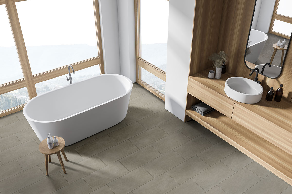 Gridscale Concrete Look Tile backsplash in a bathroom — view 2