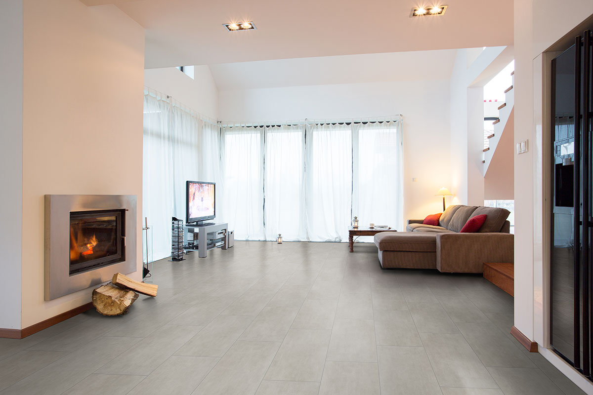 Gridscale Concrete Look Tile backsplash in a living room