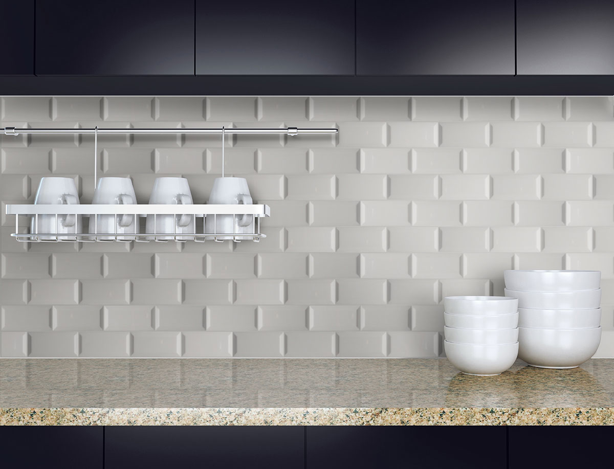 Gray Glossy Subway Tile 3x6 Beveled backsplash installed