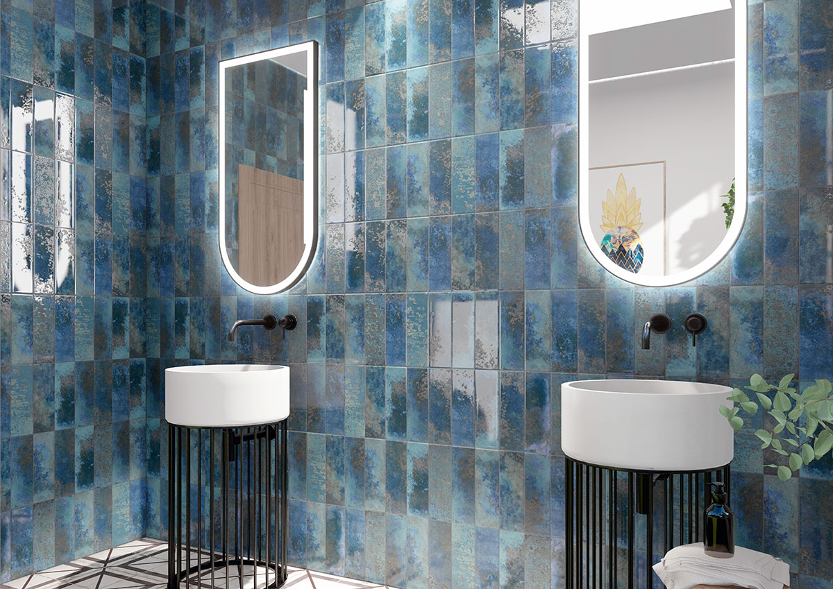 Marza Cobalt Mosaic Tile backsplash installed — view 3