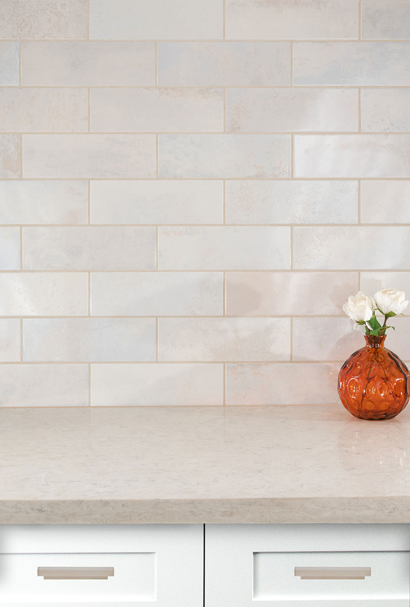 Marza Pearl Mosaic Tile backsplash installed — view 3