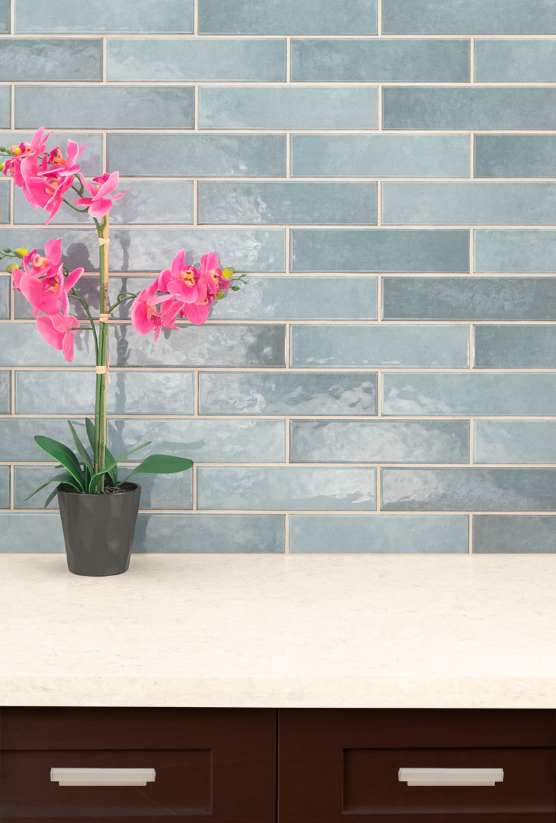 Renzo Denim Wall Tile backsplash installed