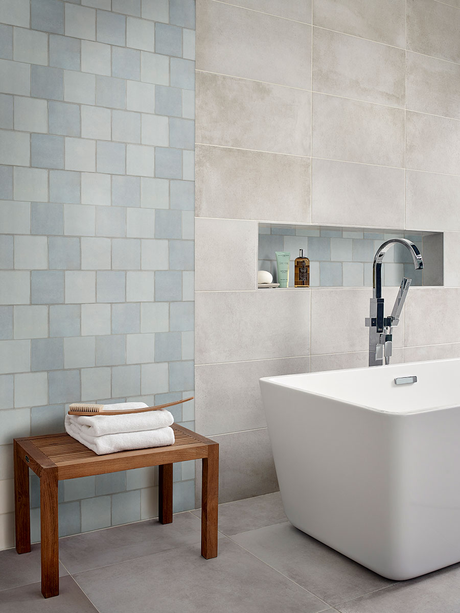 Renzo Sky 5x5 Wall Tile backsplash installed — view 3