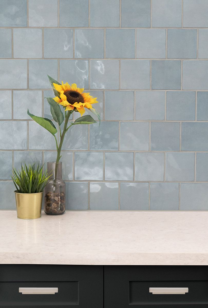 Renzo Sky 5x5 Wall Tile backsplash installed — view 4