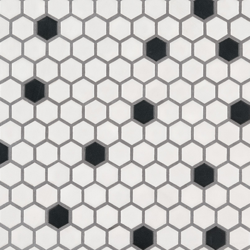 Black And White 1” Hexagon Mosaic Tile swatch