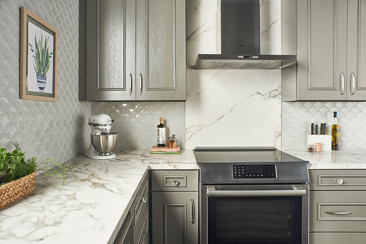 Gray Glossy Fish Scale Mosaic backsplash installed — view 2