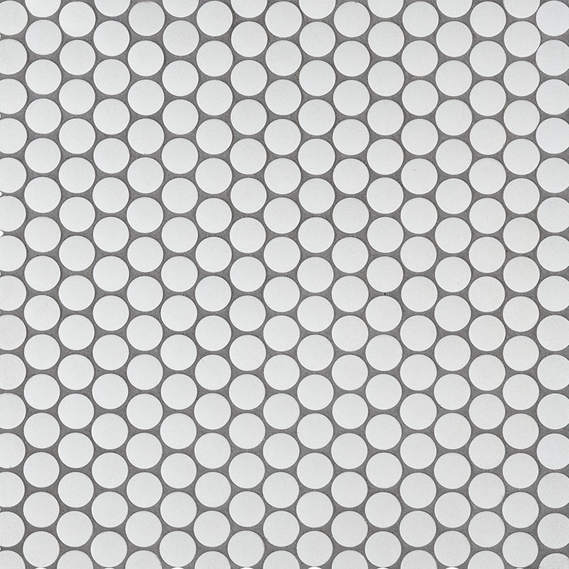 Penny Round Bianco 6mm Matte tile, full view