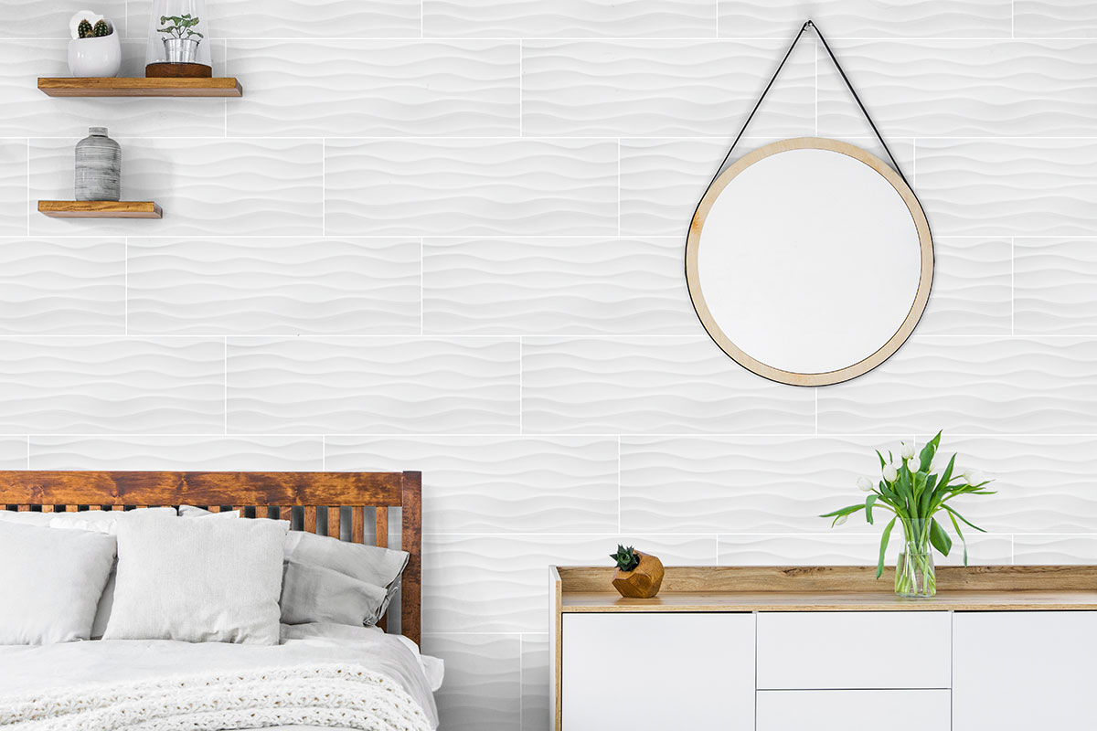 Dymo Wavy White 12X24 Glossy backsplash installed — view 2