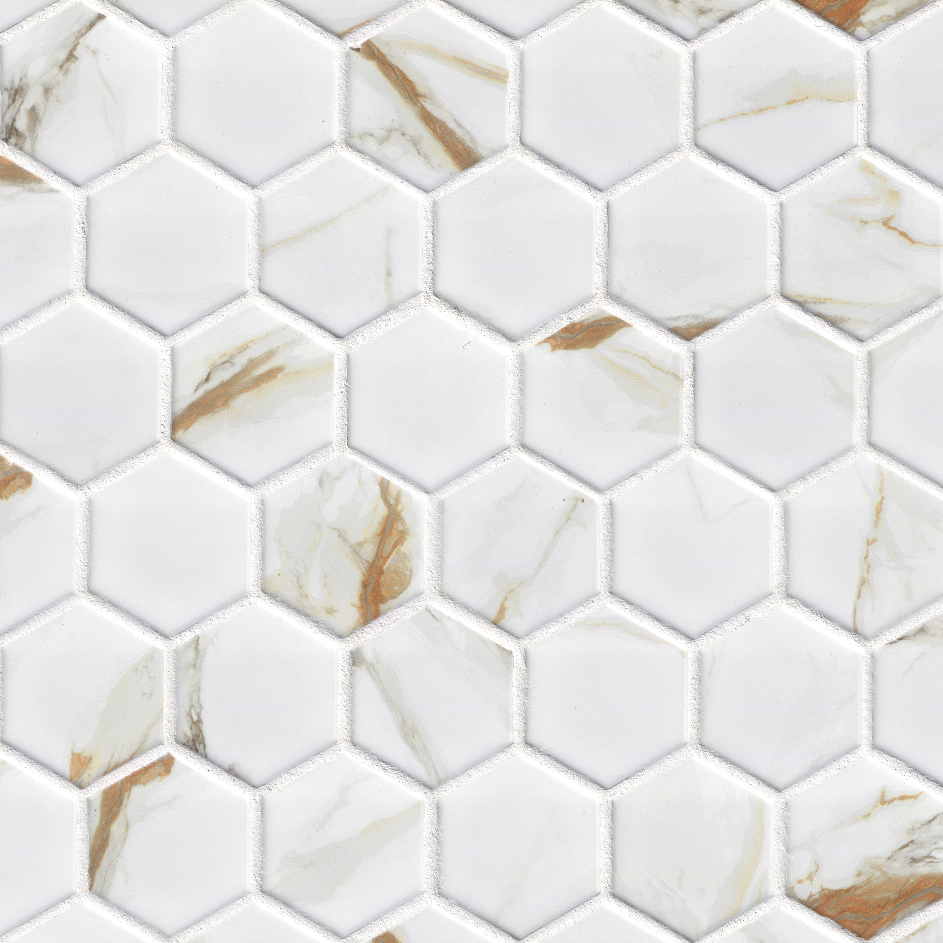 Calacatta Gold Matte 2" Hexagon tile, full view