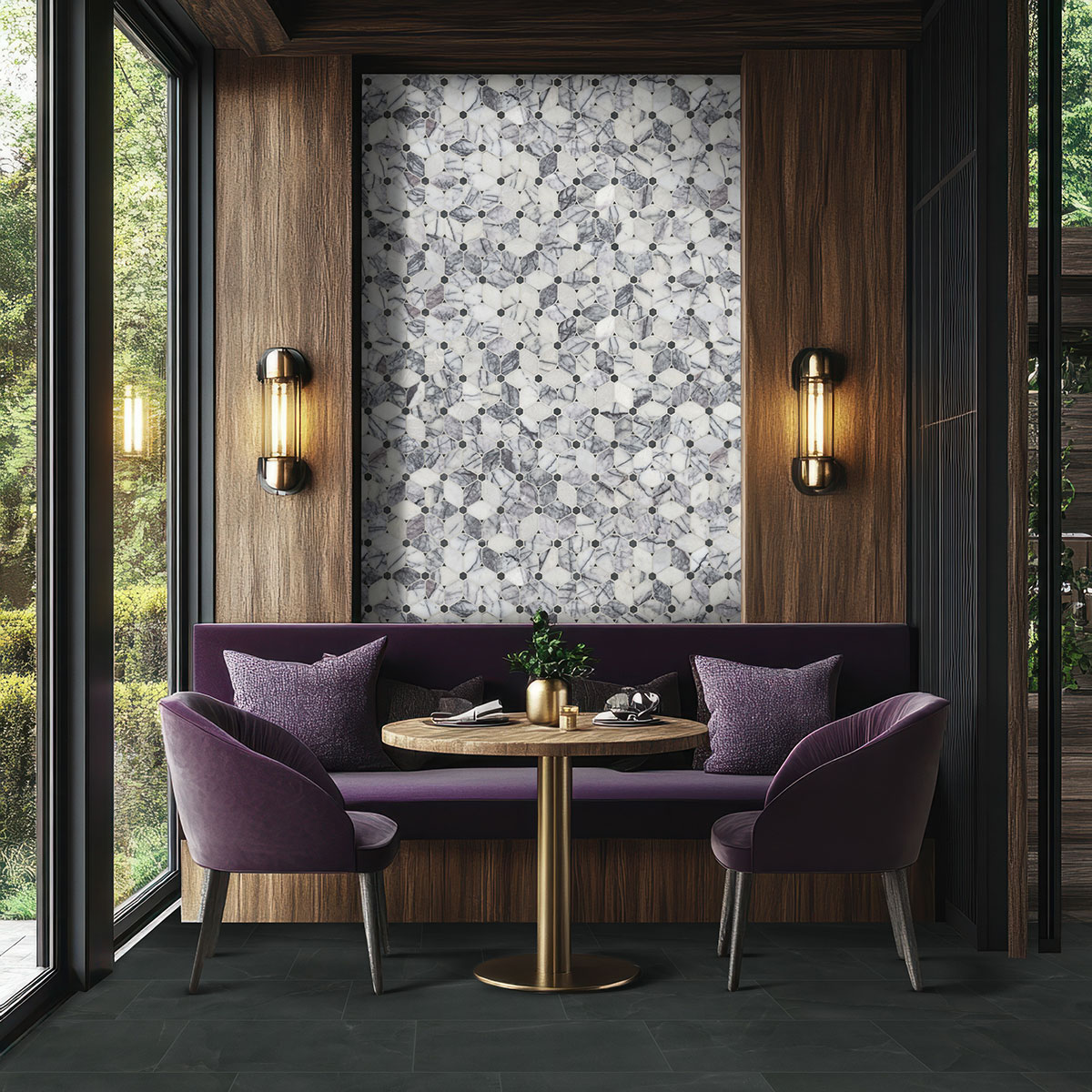 Cecily Lilac Polished backsplash in a living room