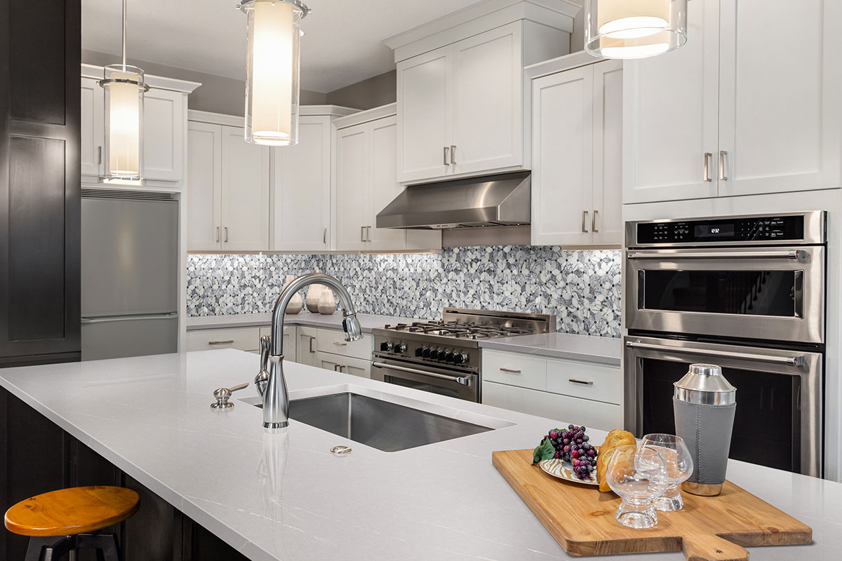 Cecily Lilac Polished backsplash in a kitchen