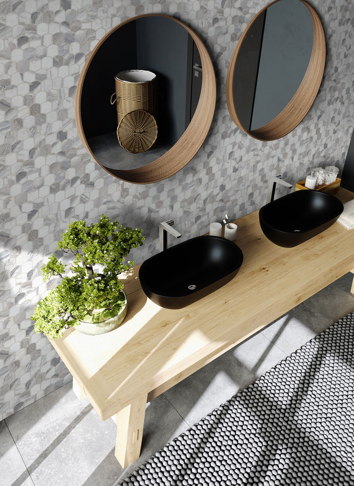 Edessa Scallop Polished backsplash in a bathroom