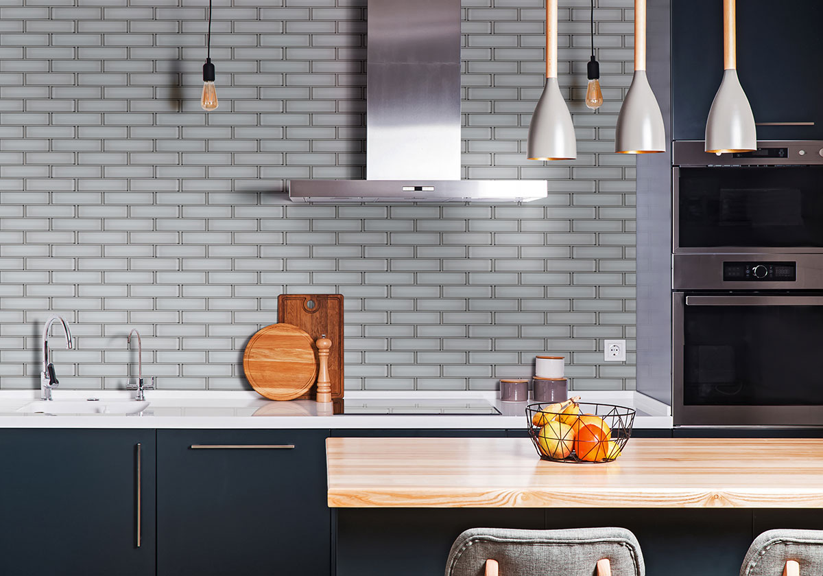 Ice Bevel Subway 2x6x8mm backsplash installed — view 5