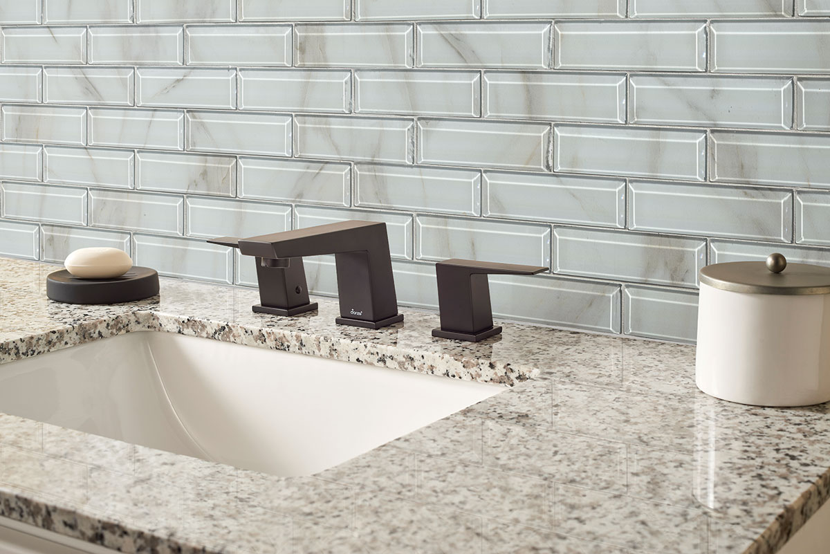 Ivory Amber Beveled Subway 8mm backsplash installed — view 2