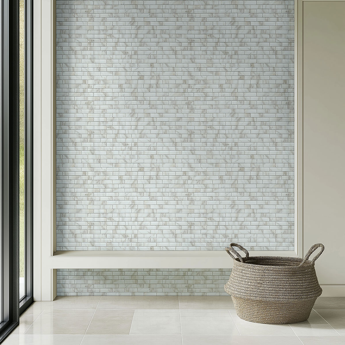 Ivory Amber Beveled Subway 8mm backsplash in a entryway