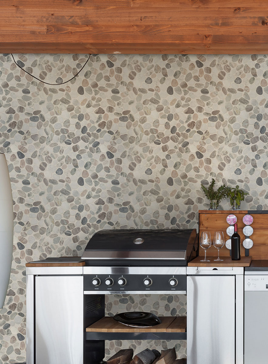 Puebla Greige Pebble backsplash installed