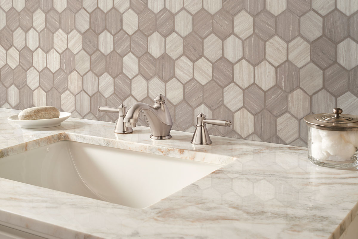 Silva Oak 2" Hexagon Mosaic Tile backsplash installed